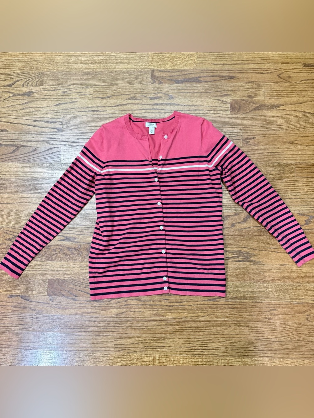 LL Bean Supima Cotton Striped Cardigan Sweater Pink Navy Womens Size Medium